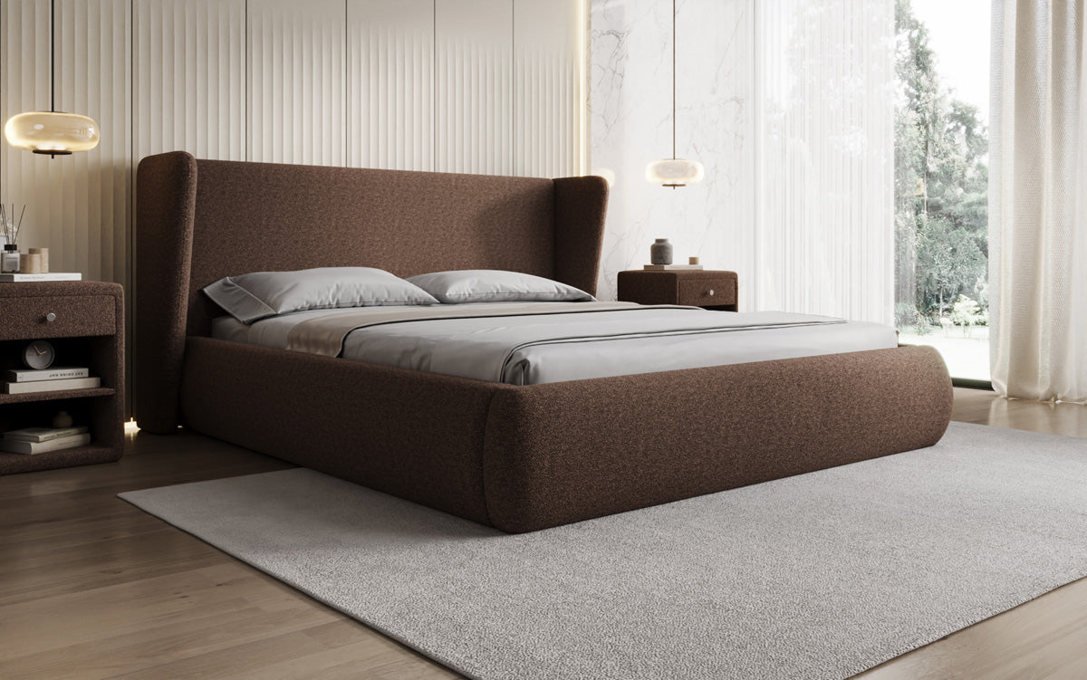 Designer upholstered bed Rosalie in teddy bouclé with storage