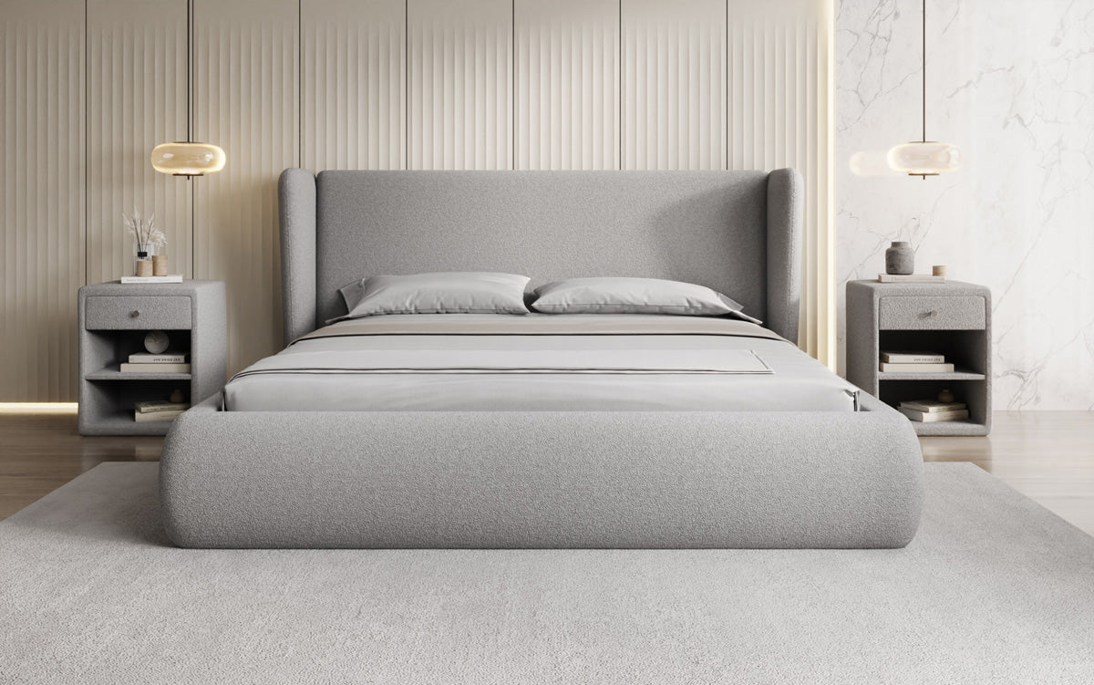 Designer upholstered bed Rosalie in teddy bouclé with storage