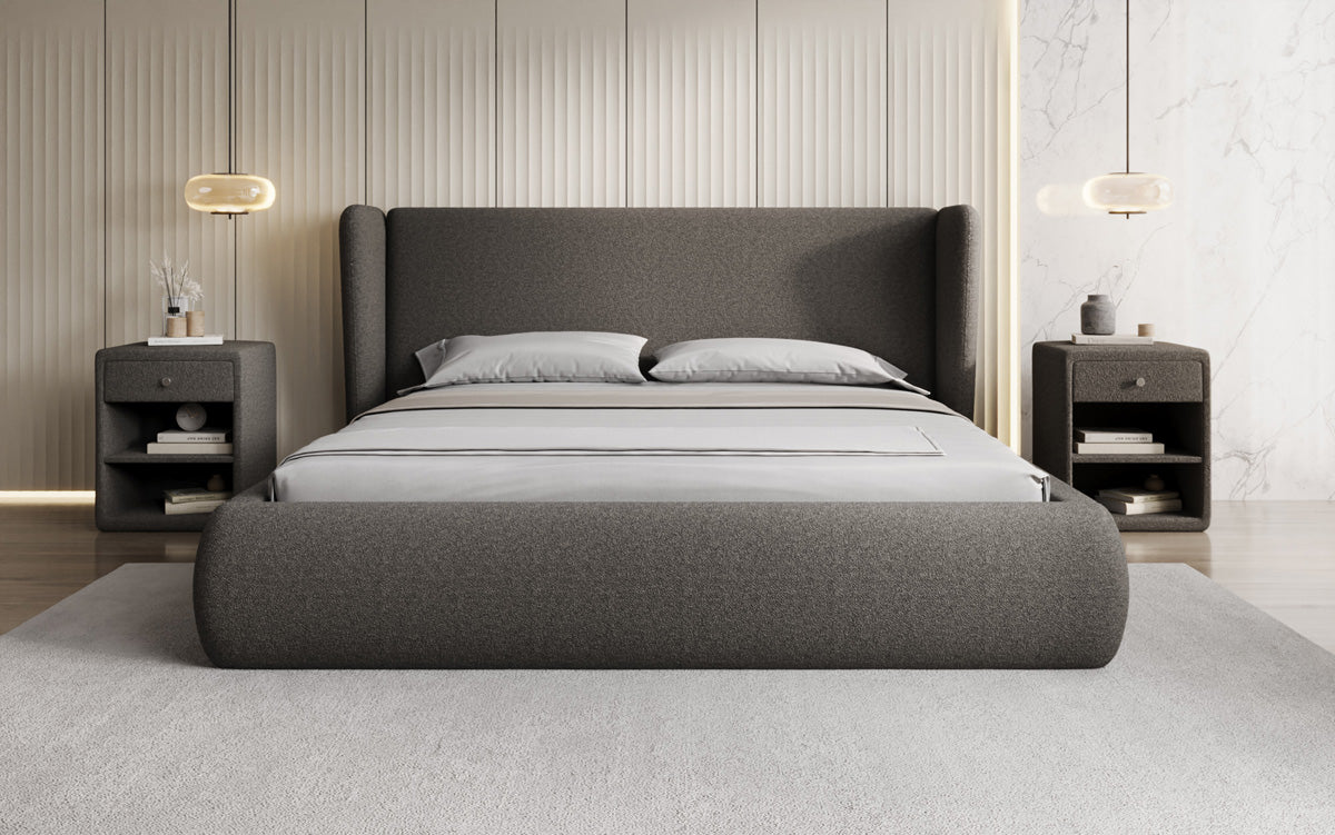 Designer upholstered bed Rosalie in teddy bouclé with storage