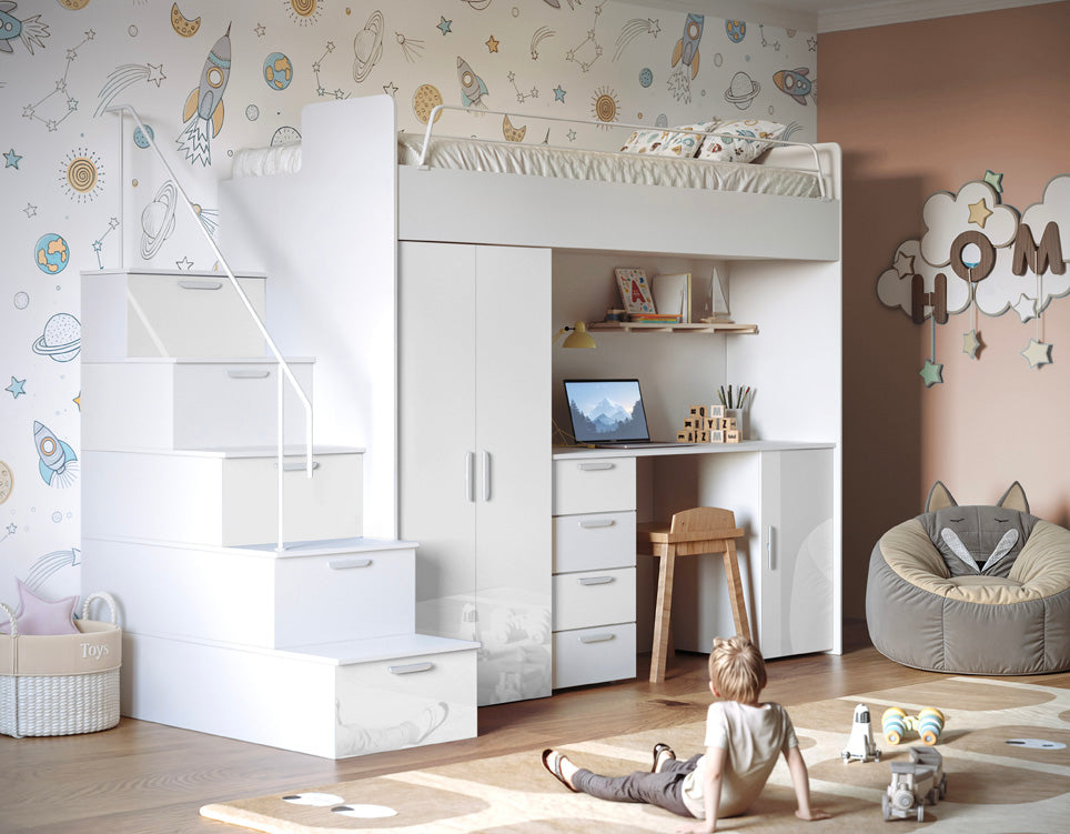 Kinderhochbett Dream Hochglanz – mit Schreibtisch, viel Stauraum & Matratze