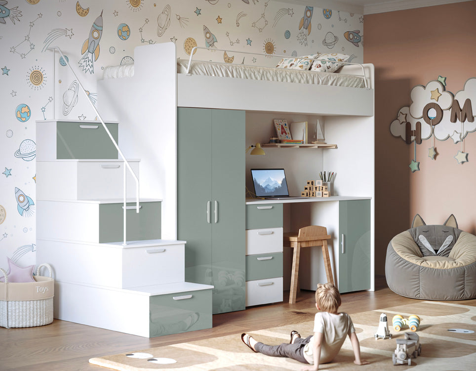 Kinderhochbett Dream Hochglanz – mit Schreibtisch, viel Stauraum & Matratze