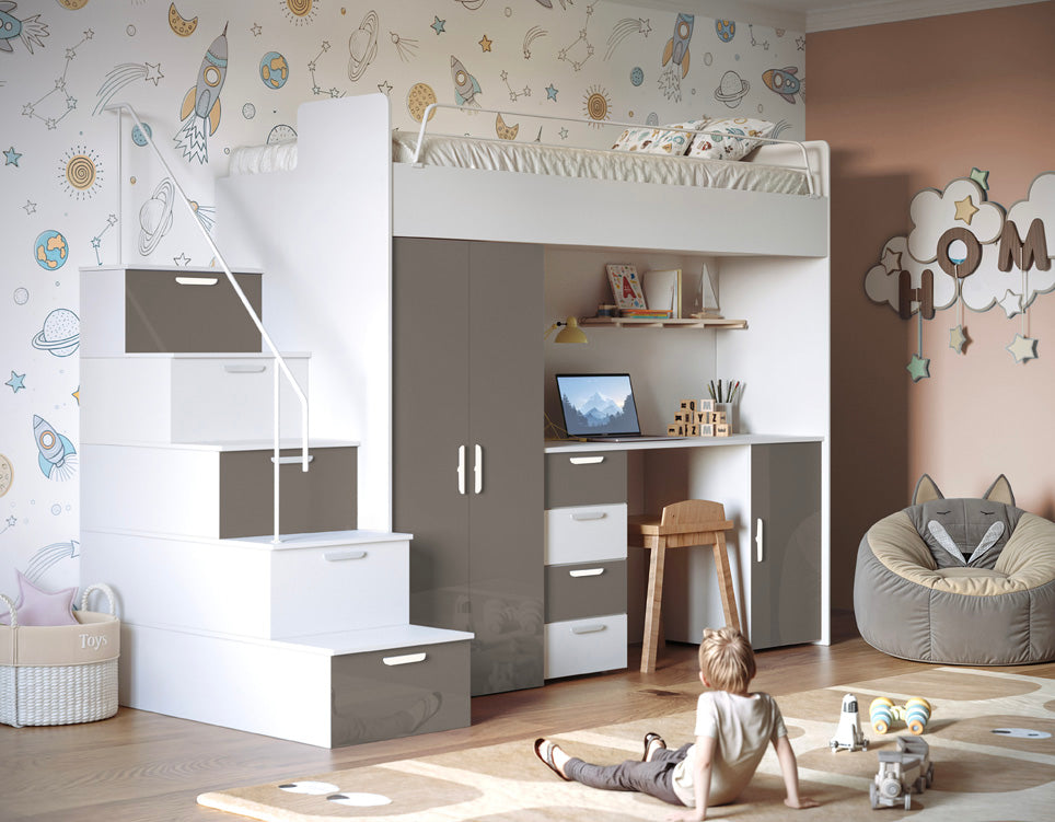 Kinderhochbett Dream Hochglanz – mit Schreibtisch, viel Stauraum & Matratze