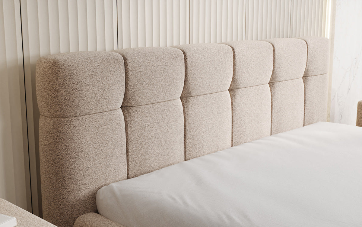 Designer upholstered bed Helena in textured fabric with storage