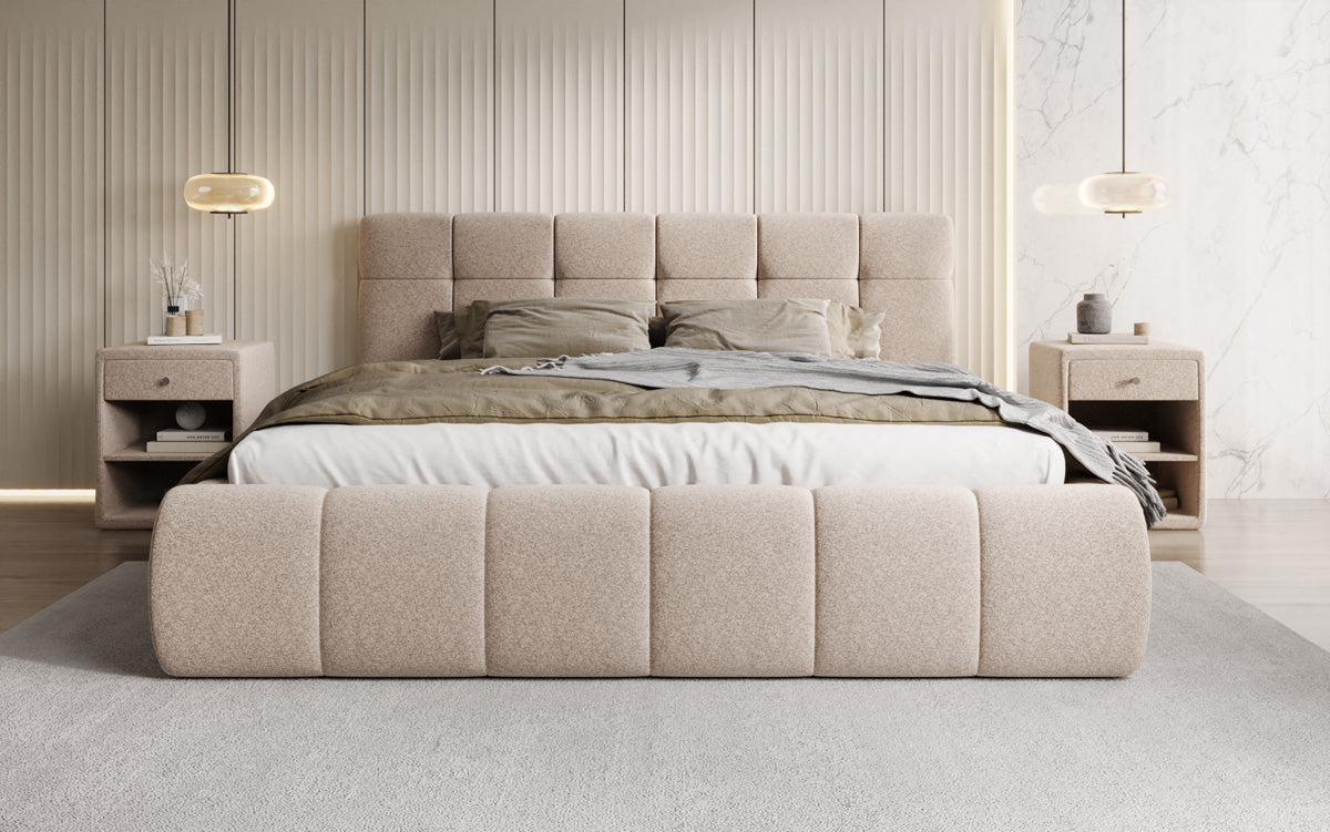 Designer upholstered bed Helena in textured fabric with storage