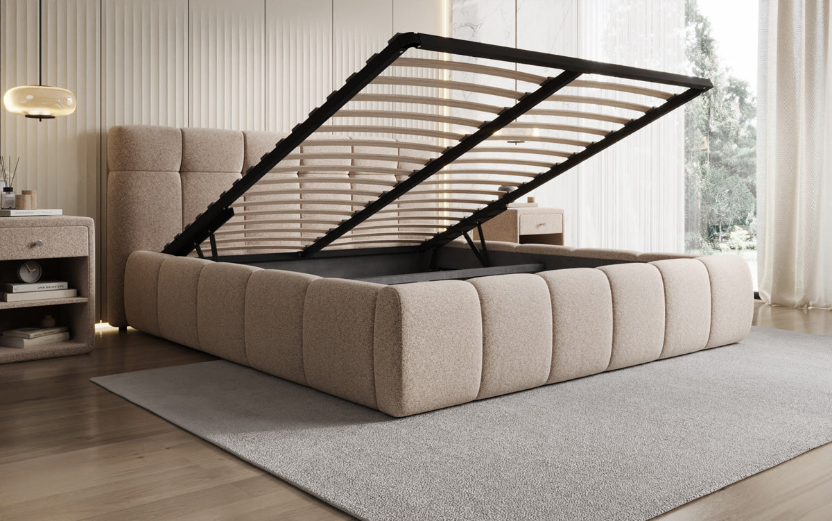 Designer upholstered bed Helena in textured fabric with storage