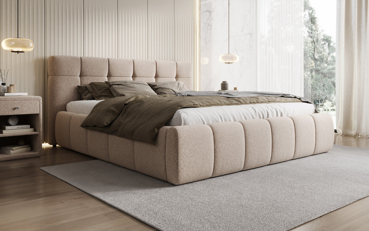 Designer upholstered bed Helena in textured fabric with storage