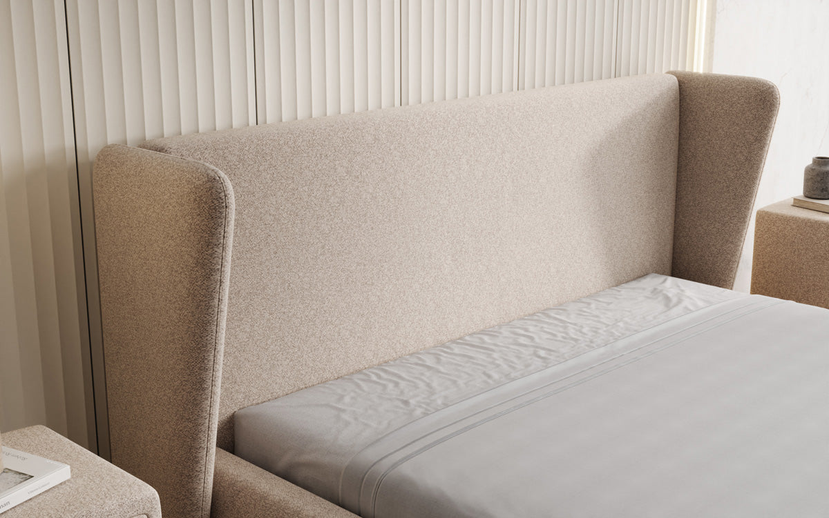 Designer upholstered bed Rosalie in textured fabric with storage
