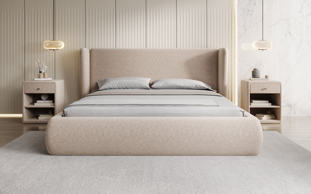 Designer upholstered bed Rosalie in textured fabric with storage