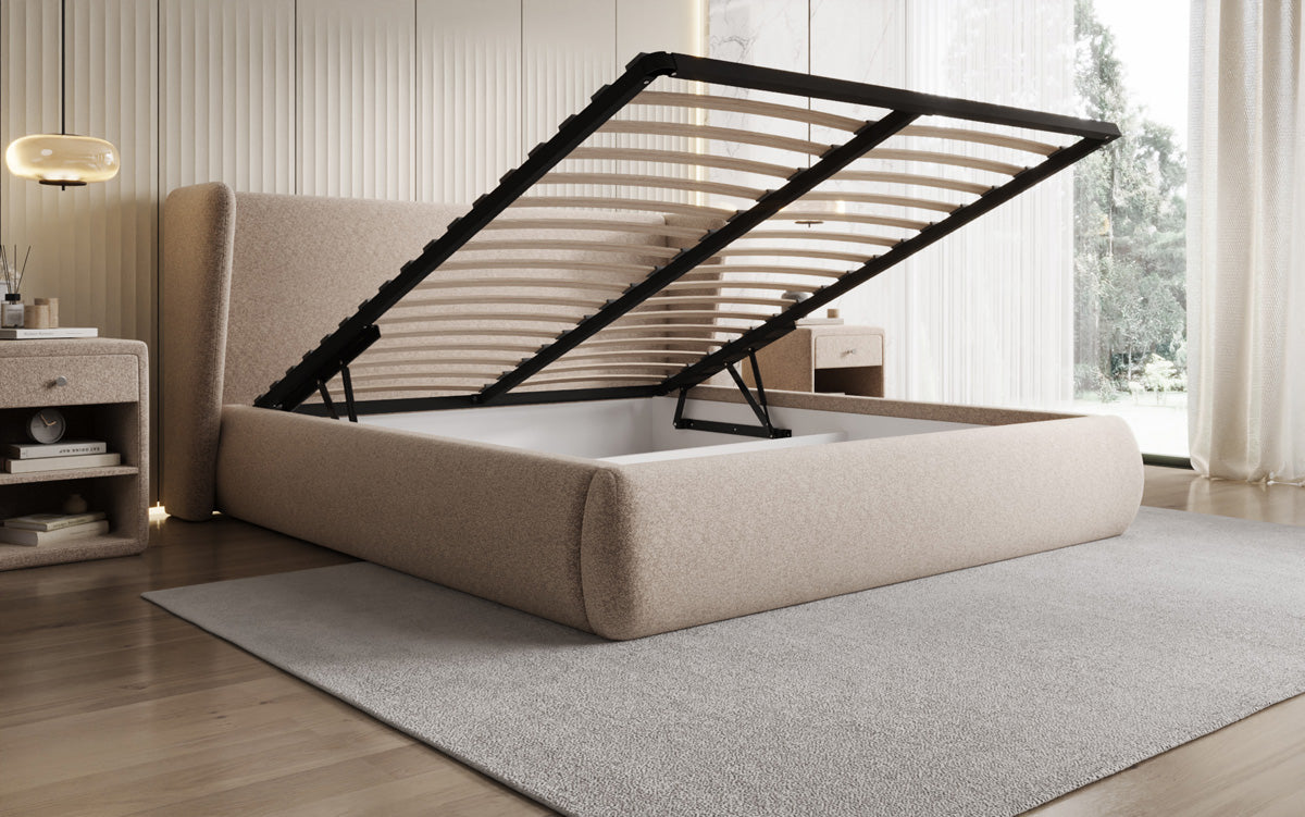 Designer upholstered bed Rosalie in textured fabric with storage