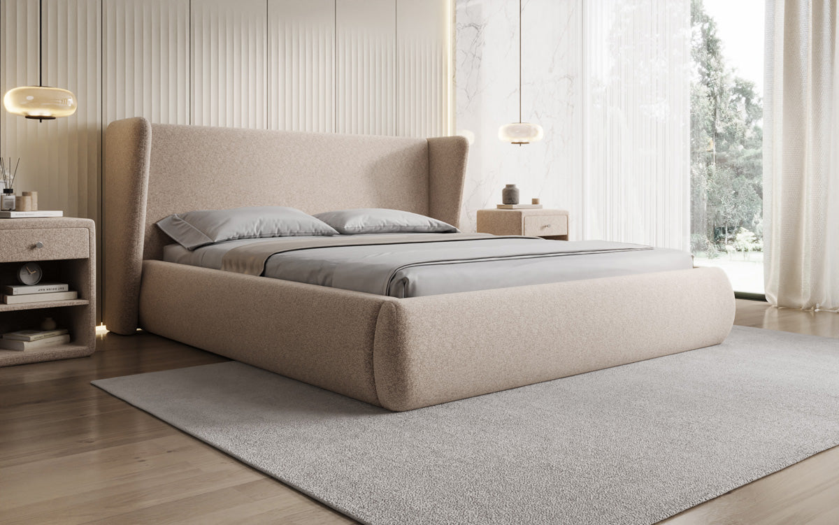 Designer upholstered bed Rosalie in textured fabric with storage