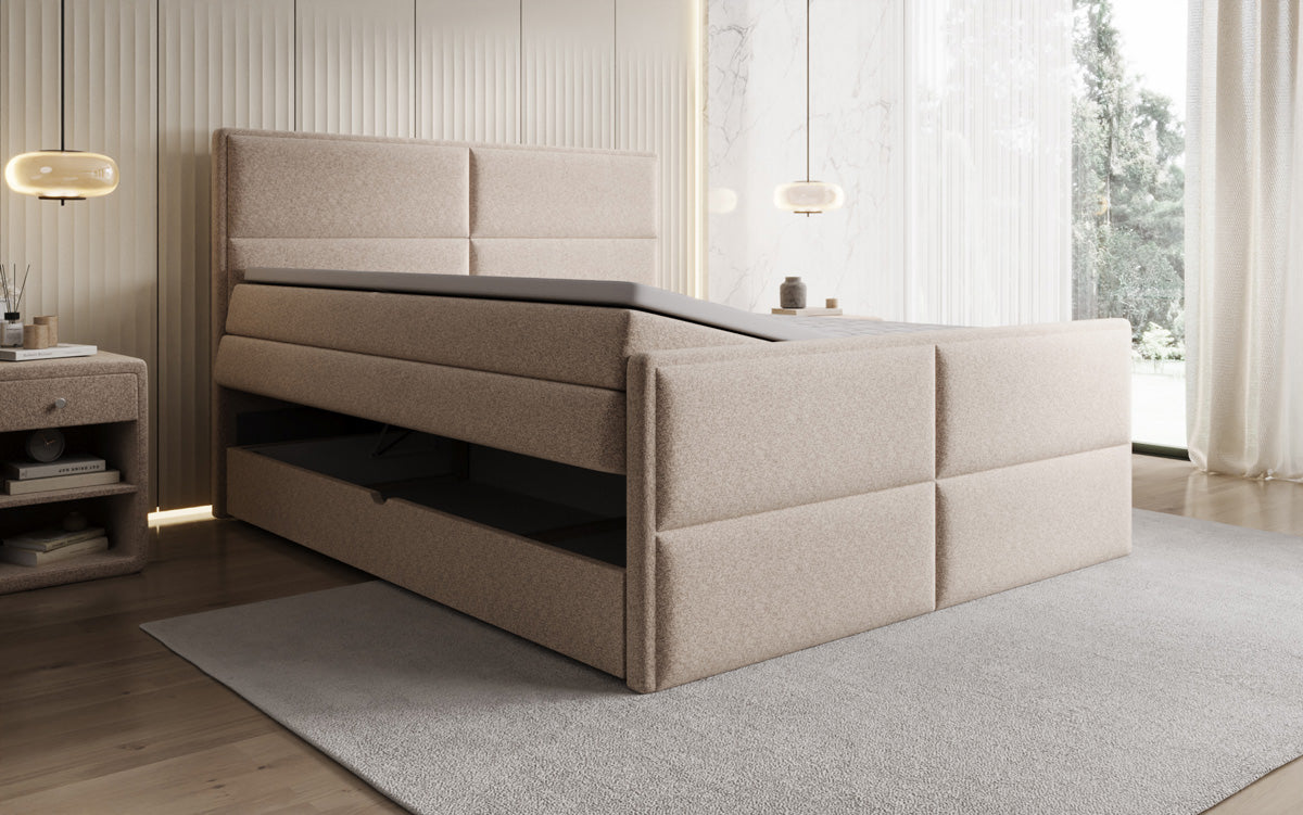 Viola box spring bed in textured fabric with storage