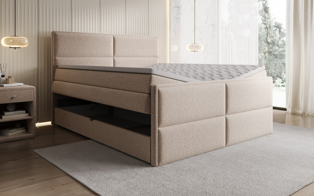 Viola box spring bed in textured fabric with storage