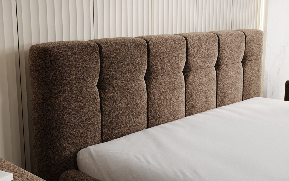 Designer upholstered bed Helena in textured fabric with storage