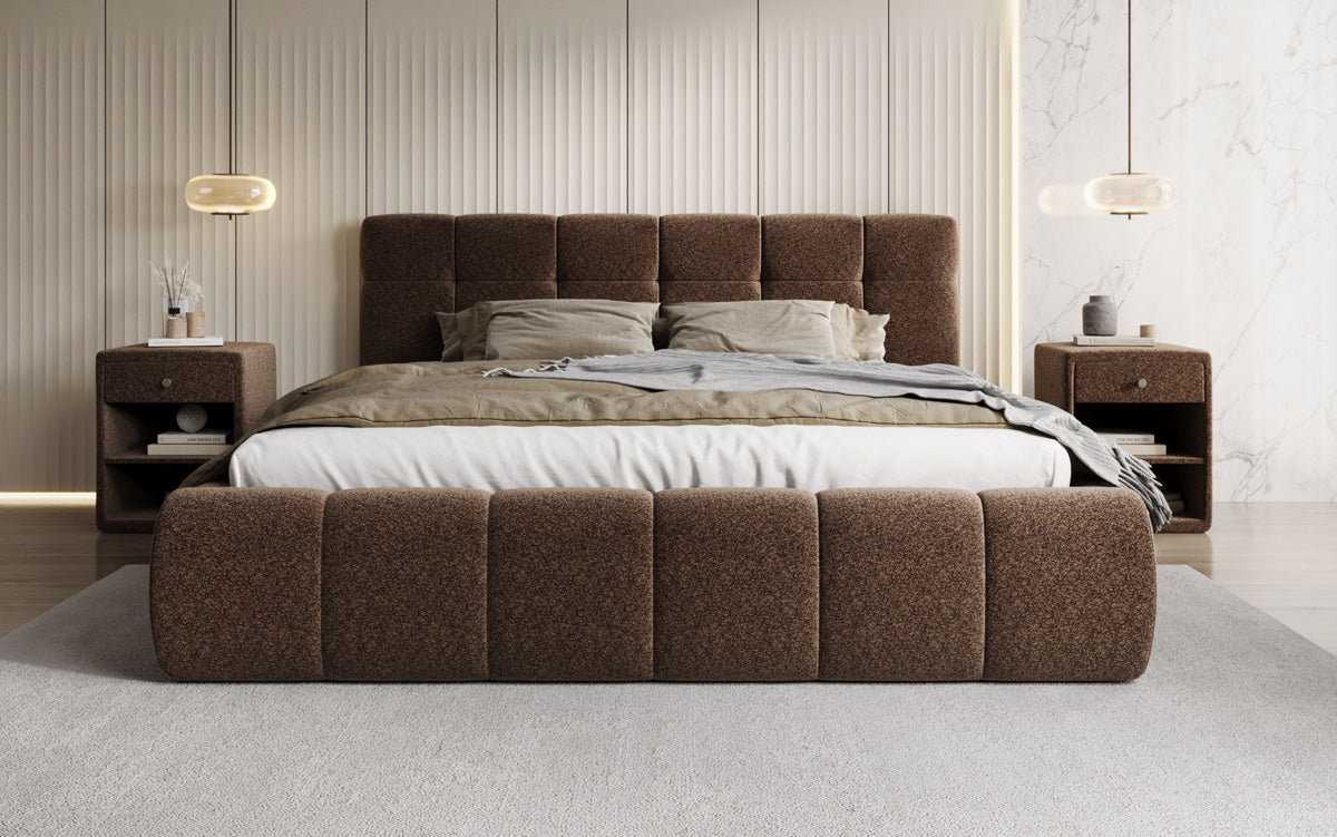 Designer upholstered bed Helena in textured fabric with storage