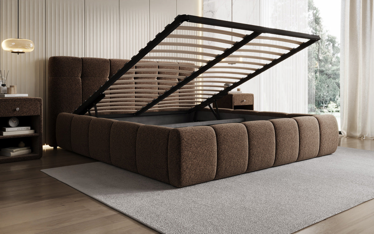 Designer upholstered bed Helena in textured fabric with storage