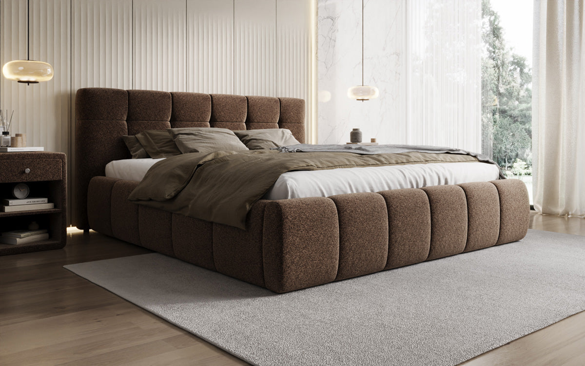 Designer upholstered bed Helena in textured fabric with storage