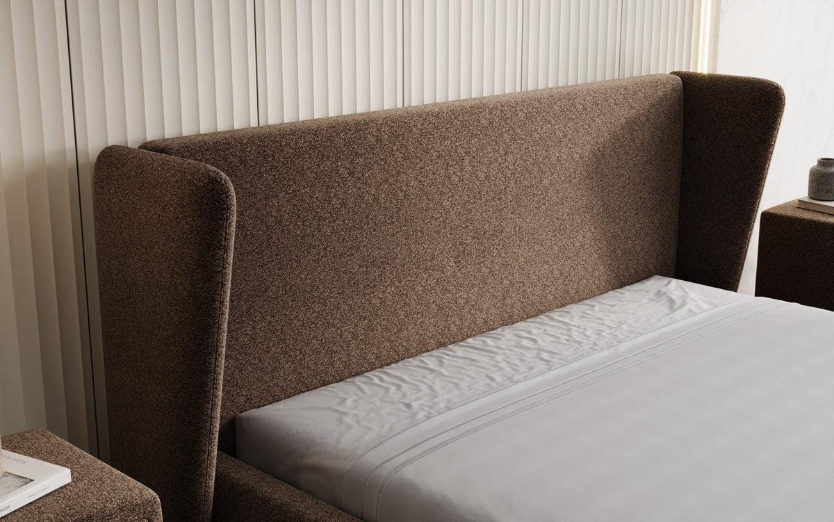 Designer upholstered bed Rosalie in textured fabric with storage