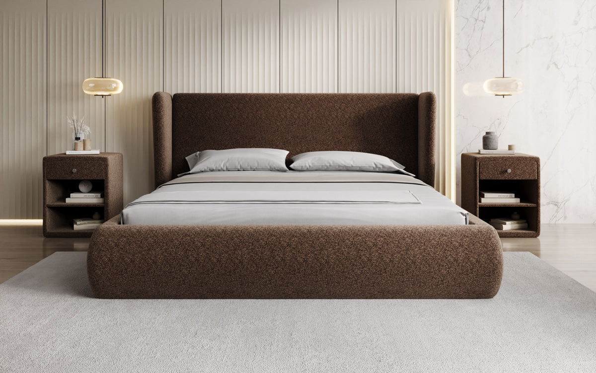 Designer upholstered bed Rosalie in textured fabric with storage