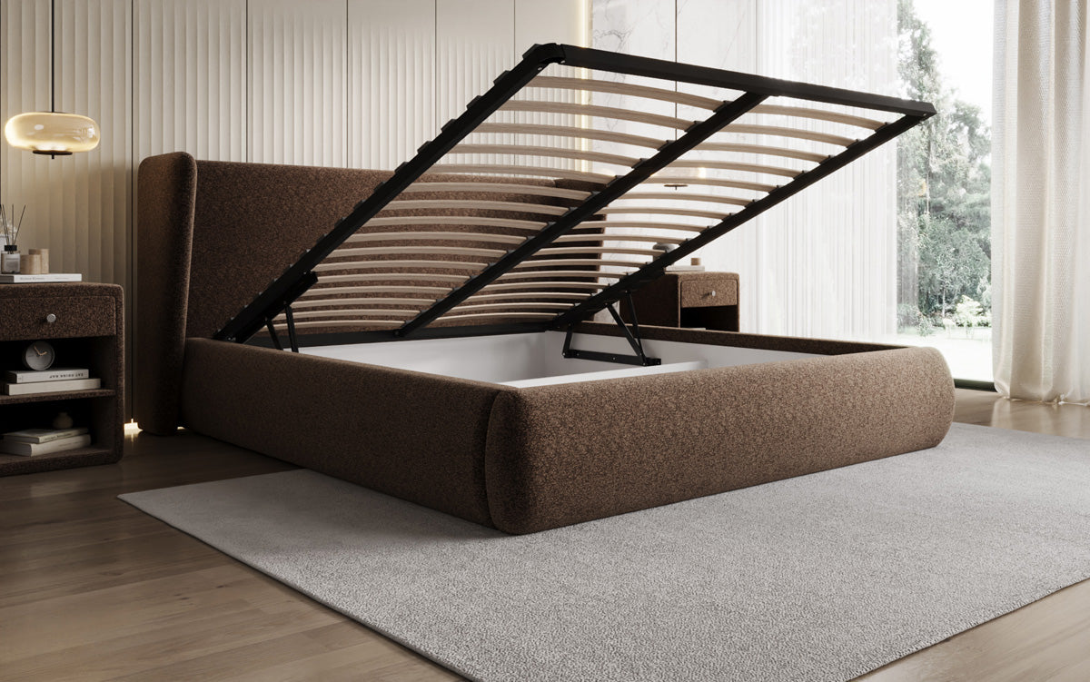 Designer upholstered bed Rosalie in textured fabric with storage