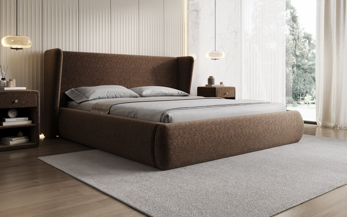 Designer upholstered bed Rosalie in textured fabric with storage