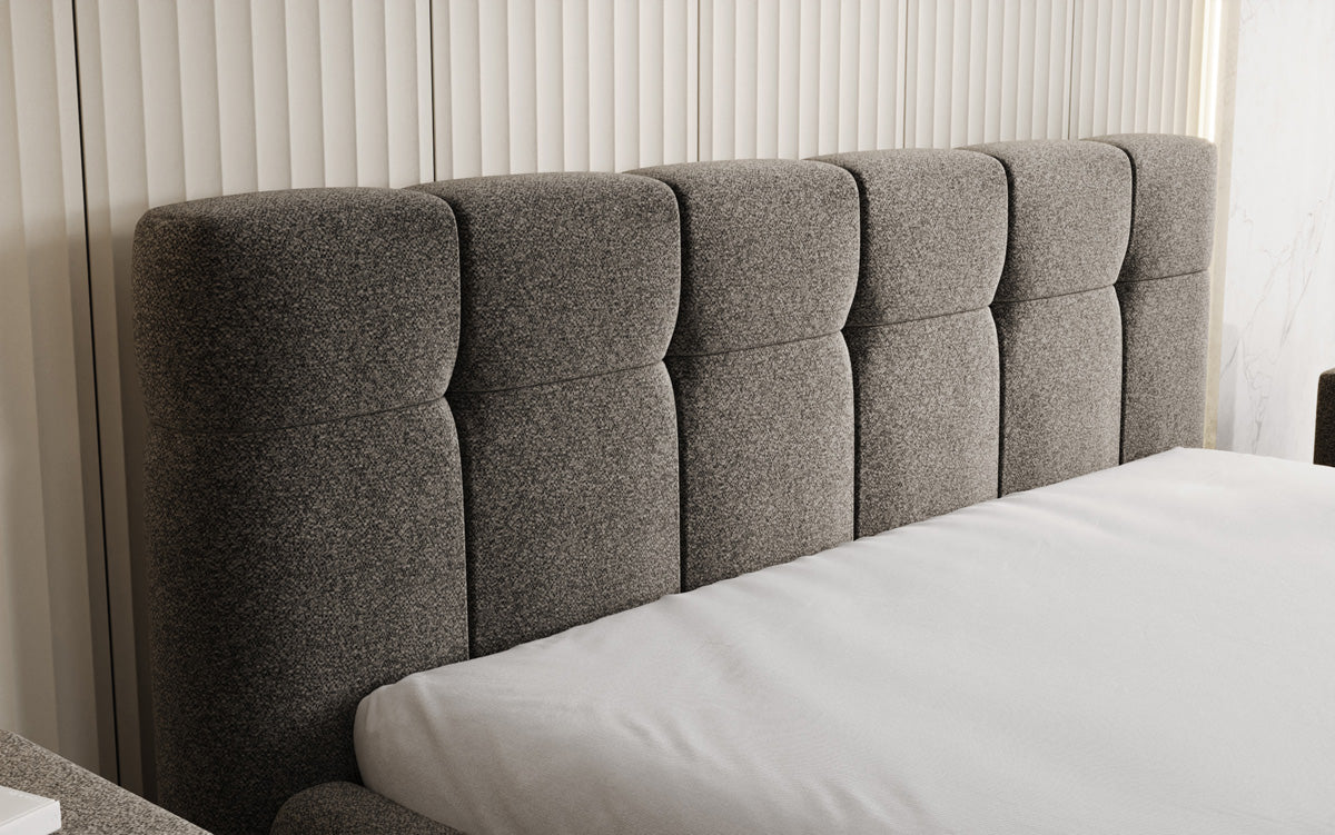 Designer upholstered bed Helena in textured fabric with storage