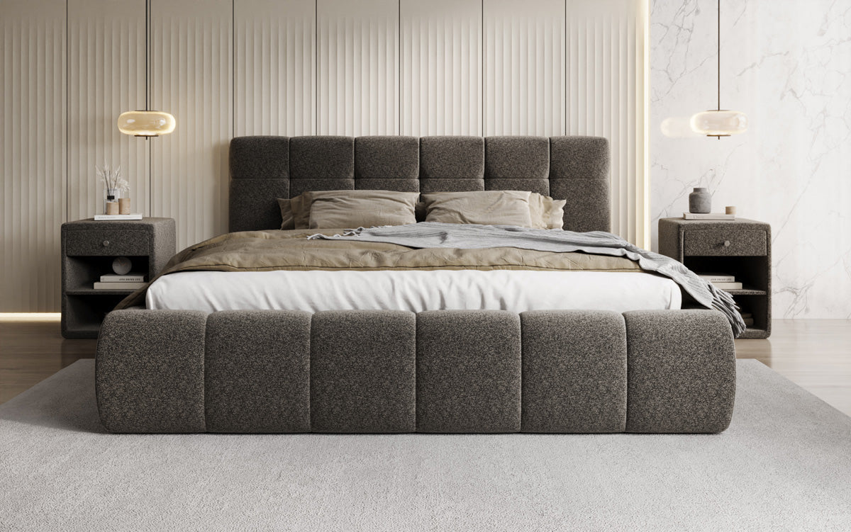 Designer upholstered bed Helena in textured fabric with storage