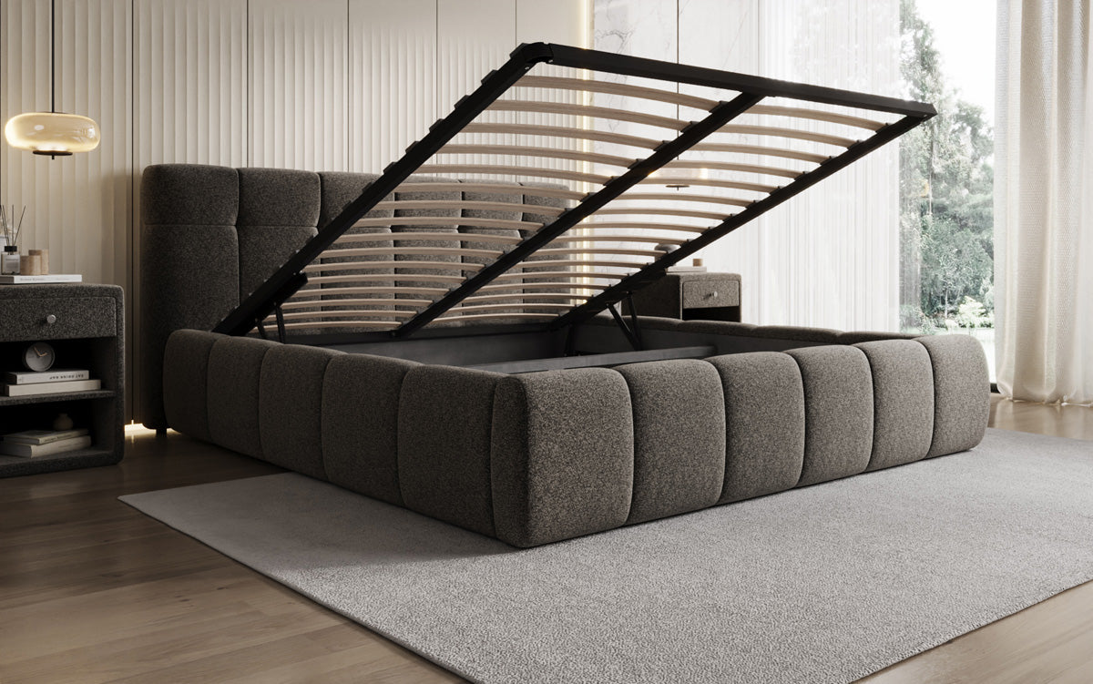 Designer upholstered bed Helena in textured fabric with storage
