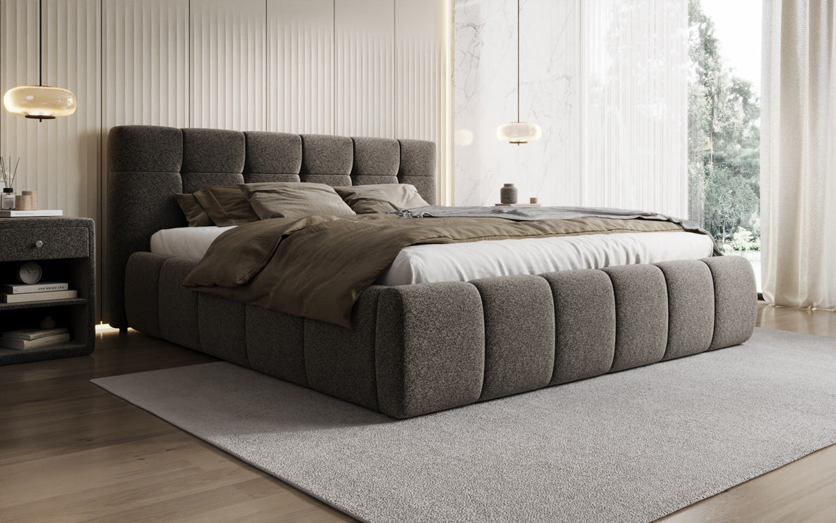 Designer upholstered bed Helena in textured fabric with storage