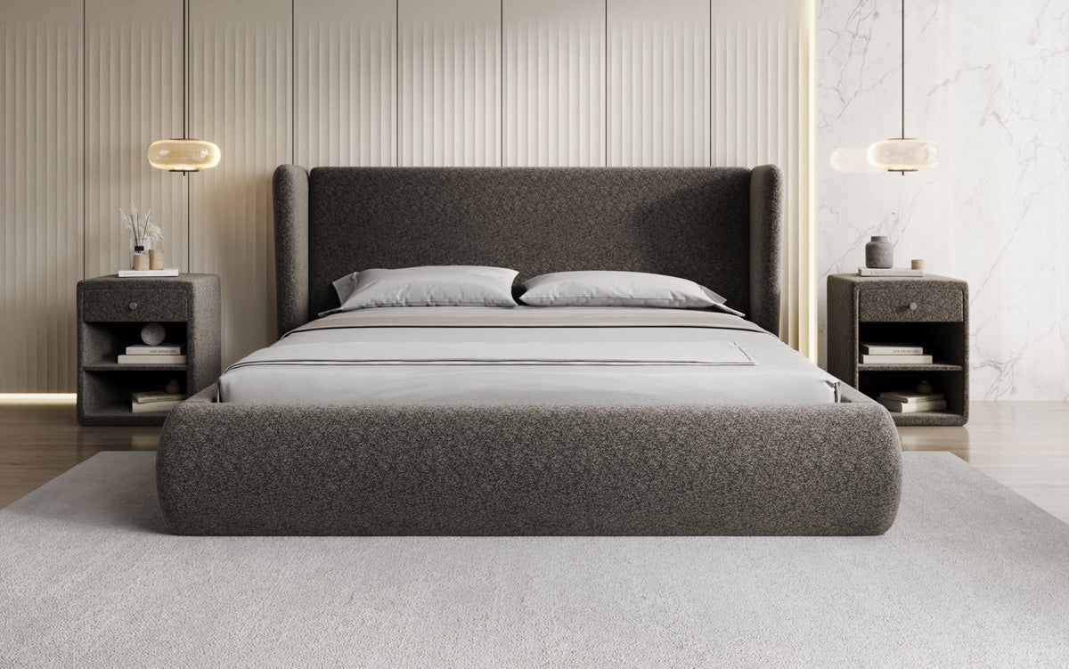 Designer upholstered bed Rosalie in textured fabric with storage