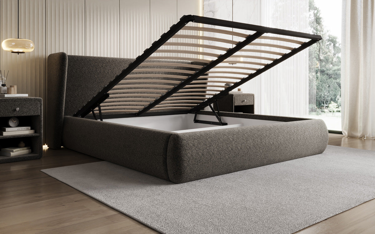 Designer upholstered bed Rosalie in textured fabric with storage