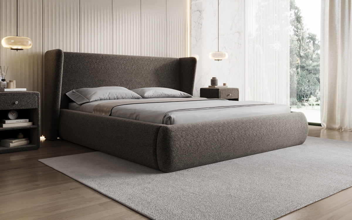 Designer upholstered bed Rosalie in textured fabric with storage