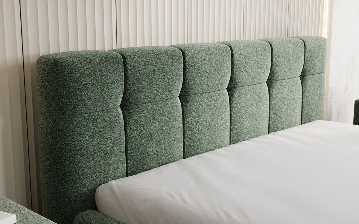 Designer upholstered bed Helena in textured fabric with storage
