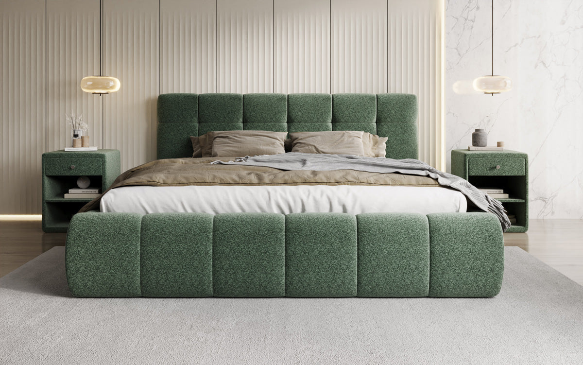 Designer upholstered bed Helena in textured fabric with storage