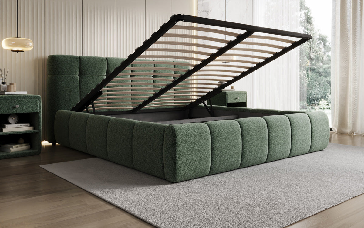 Designer upholstered bed Helena in textured fabric with storage