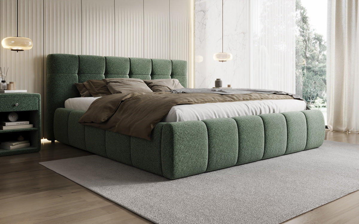 Designer upholstered bed Helena in textured fabric with storage
