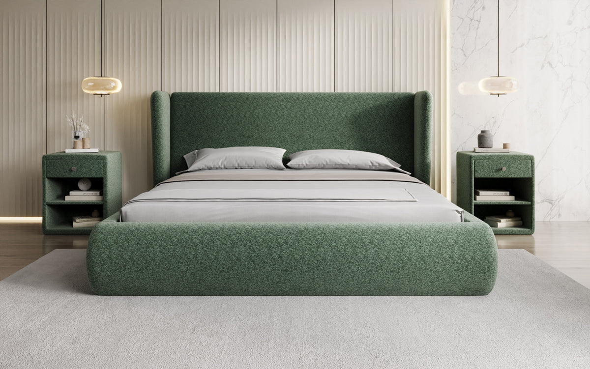 Designer upholstered bed Rosalie in textured fabric with storage