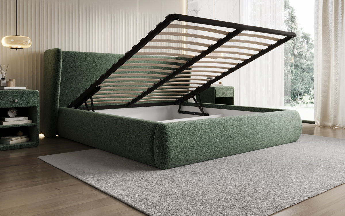 Designer upholstered bed Rosalie in textured fabric with storage