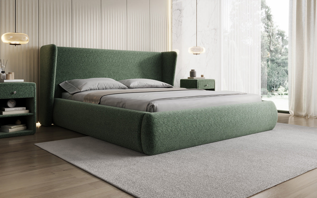 Designer upholstered bed Rosalie in textured fabric with storage