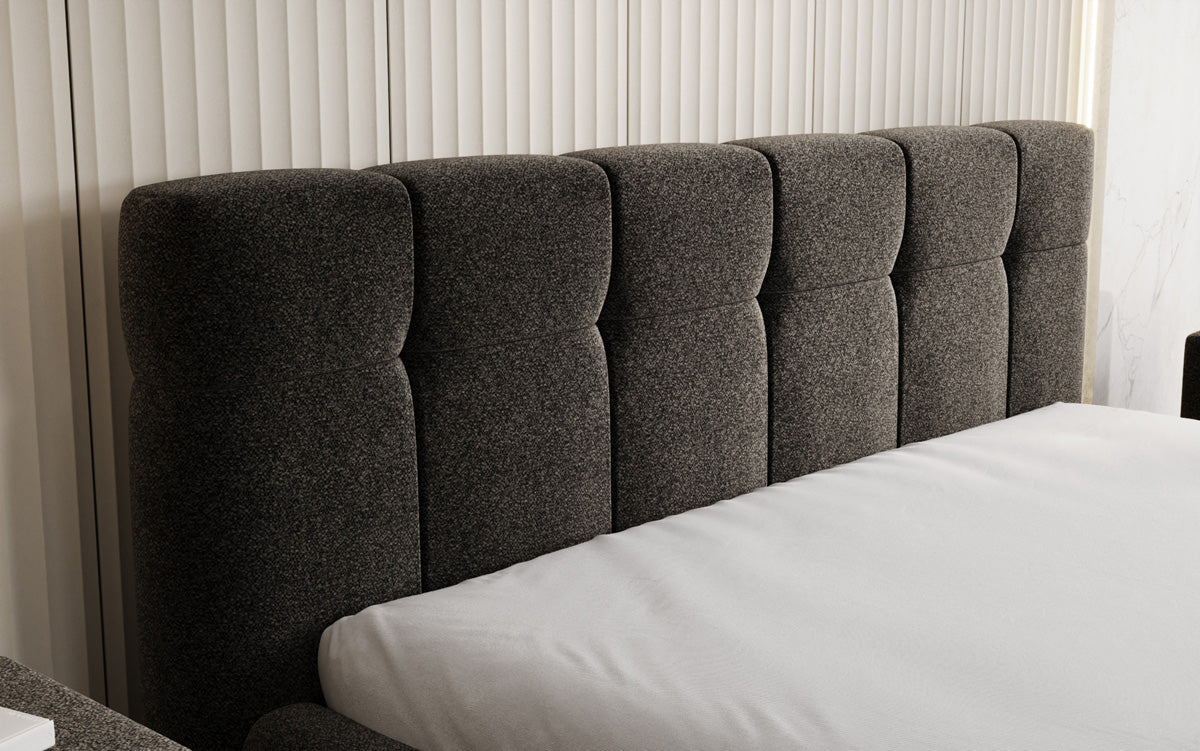 Designer upholstered bed Helena in textured fabric with storage