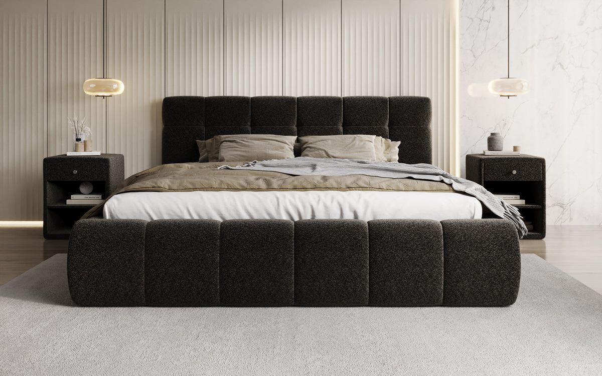 Designer upholstered bed Helena in textured fabric with storage