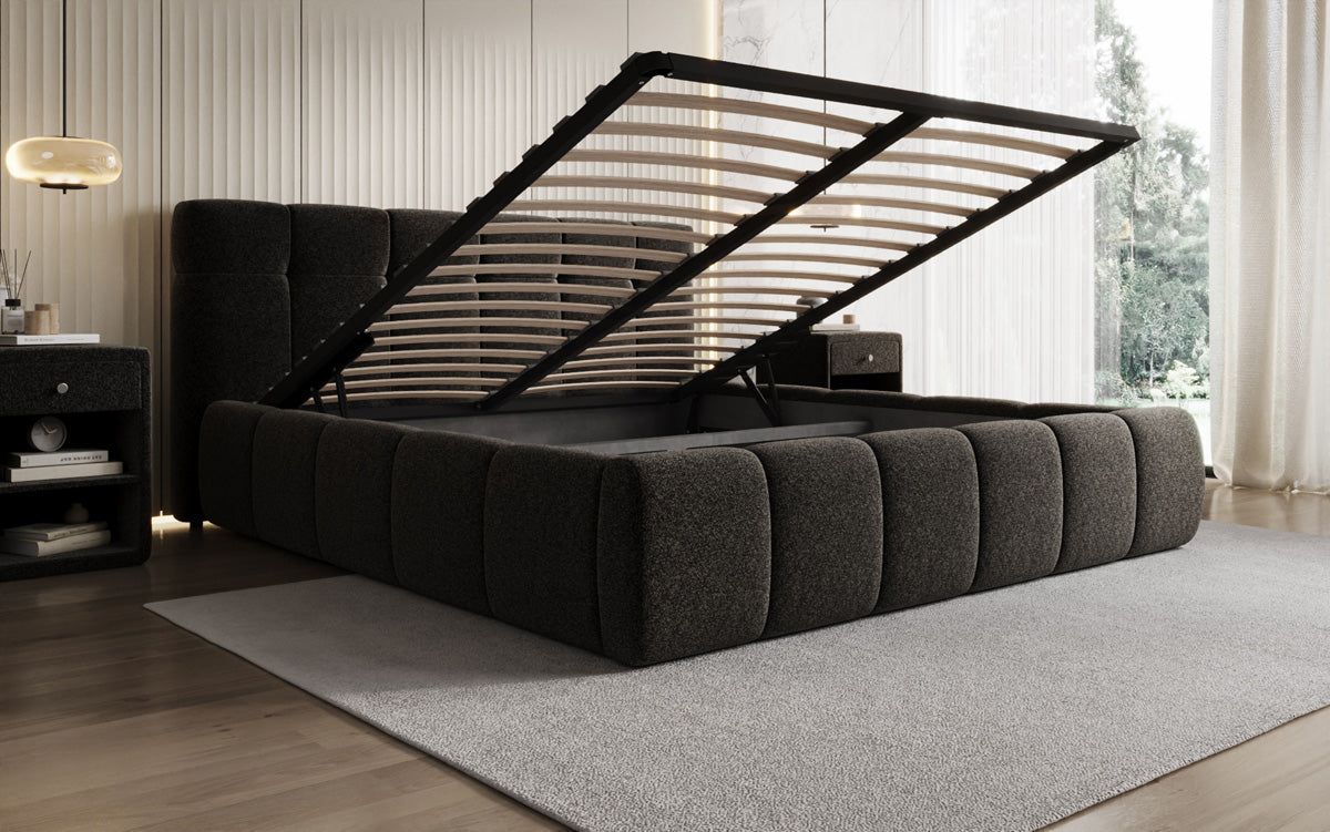 Designer upholstered bed Helena in textured fabric with storage