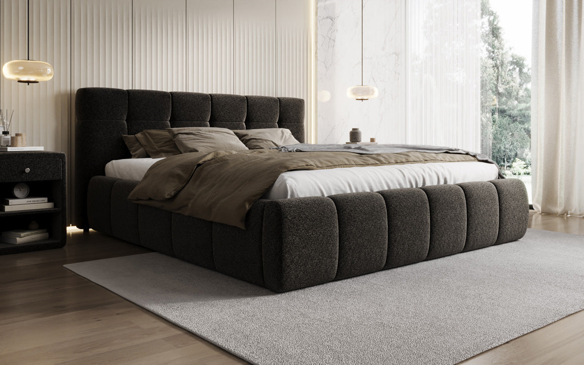 Designer upholstered bed Helena in textured fabric with storage