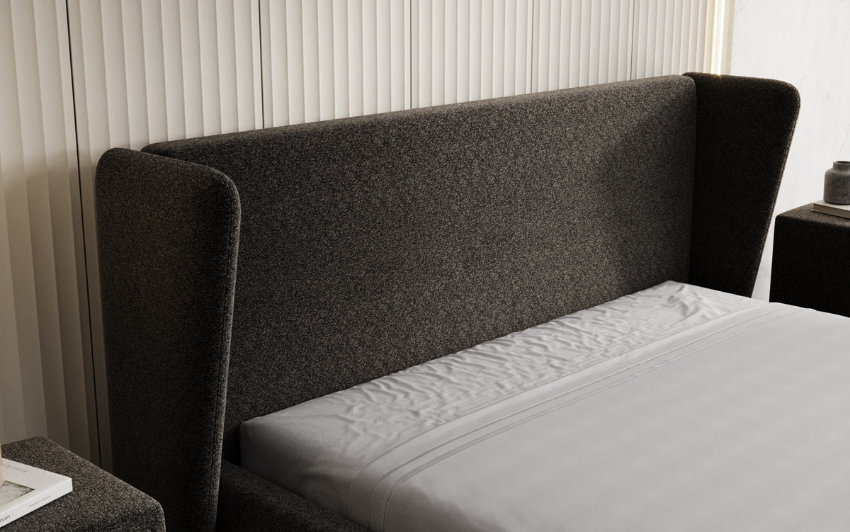 Designer upholstered bed Rosalie in textured fabric with storage
