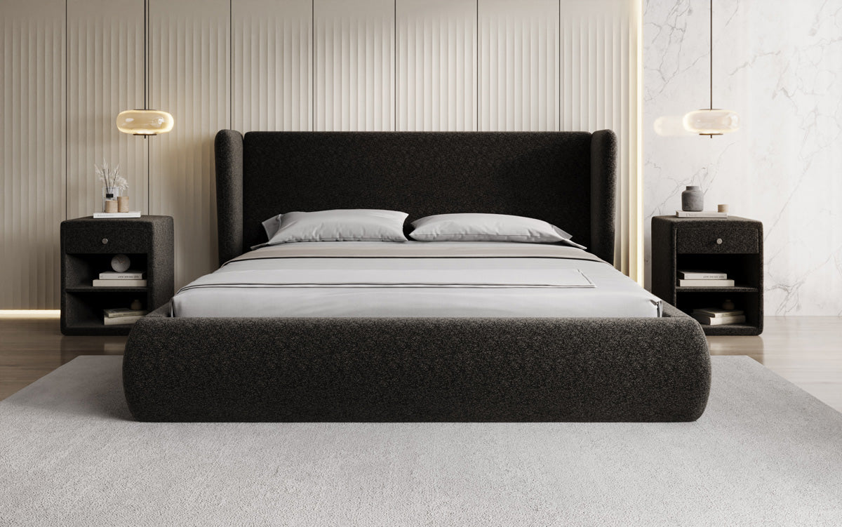 Designer upholstered bed Rosalie in textured fabric with storage