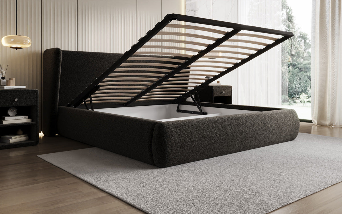 Designer upholstered bed Rosalie in textured fabric with storage