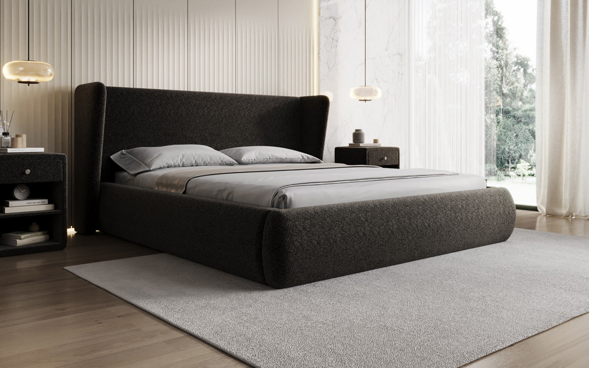 Designer upholstered bed Rosalie in textured fabric with storage