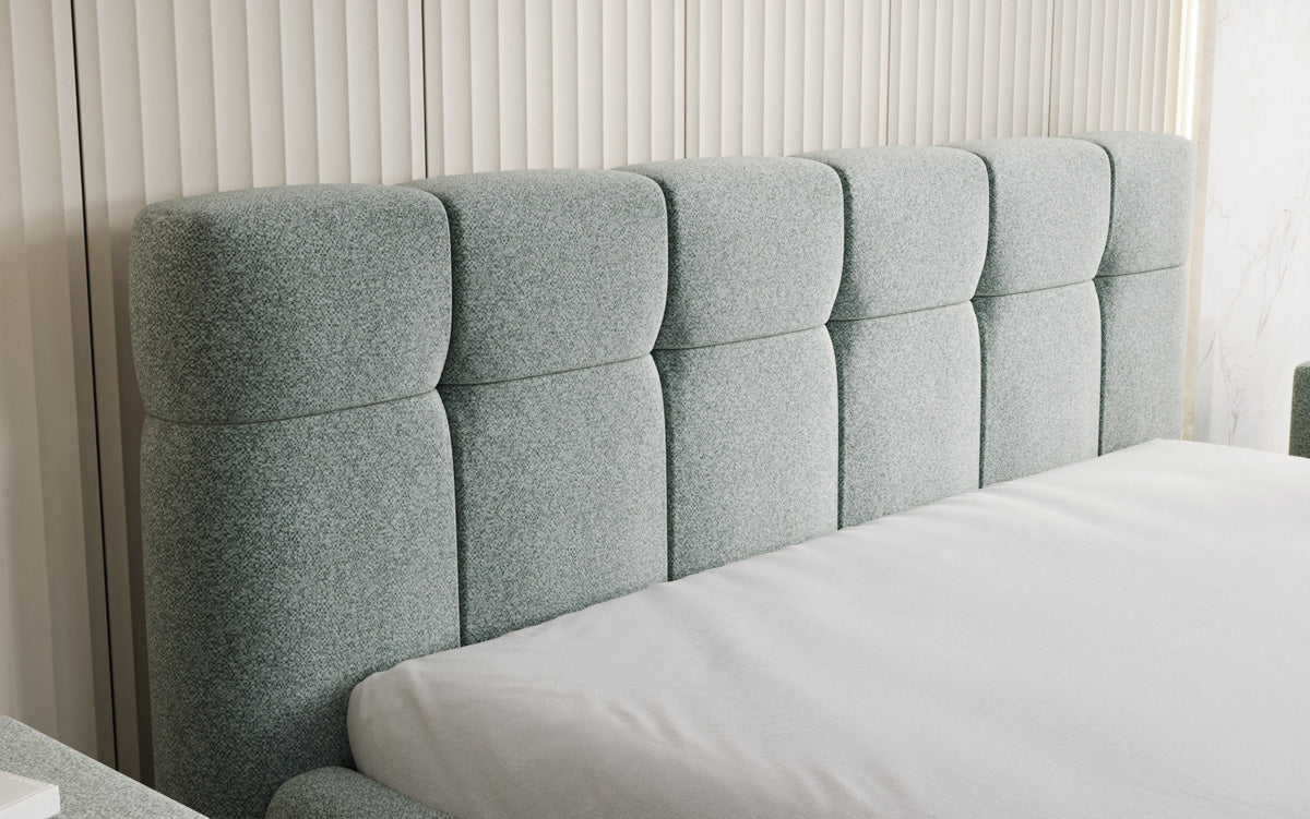 Designer upholstered bed Helena in textured fabric with storage