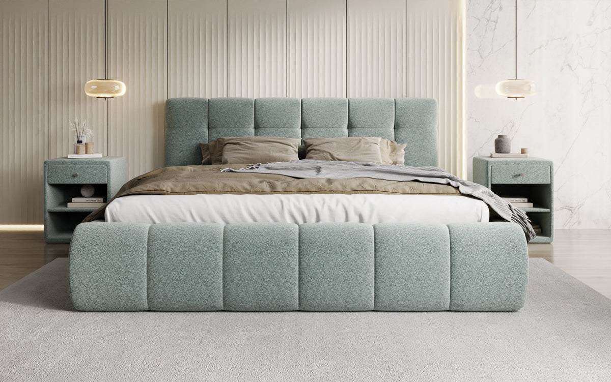 Designer upholstered bed Helena in textured fabric with storage