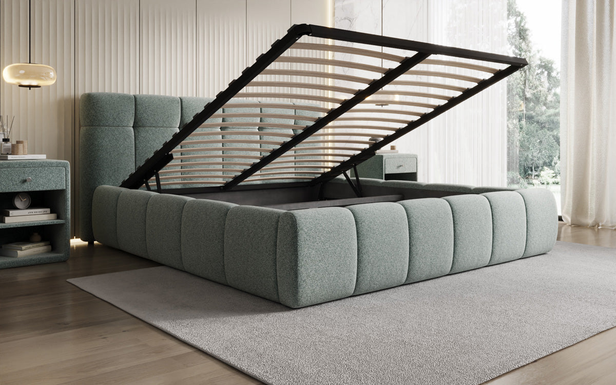 Designer upholstered bed Helena in textured fabric with storage