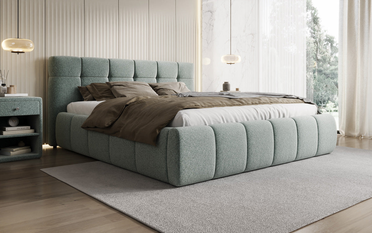 Designer upholstered bed Helena in textured fabric with storage